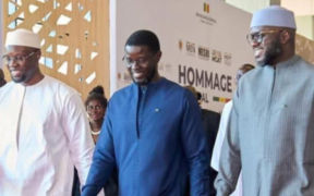 Senegal President Bassirou Diomaye Faye, Ousmane Sonko, and El Malick Ndiaye during a political event  PHOTO/NA