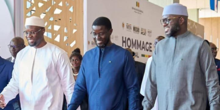 Senegal President Bassirou Diomaye Faye, Ousmane Sonko, and El Malick Ndiaye during a political event  PHOTO/NA