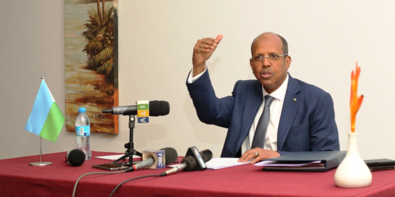 AU Chairperson Mahmoud Ali Youssouf during a press briefing PHOTO/AUCS