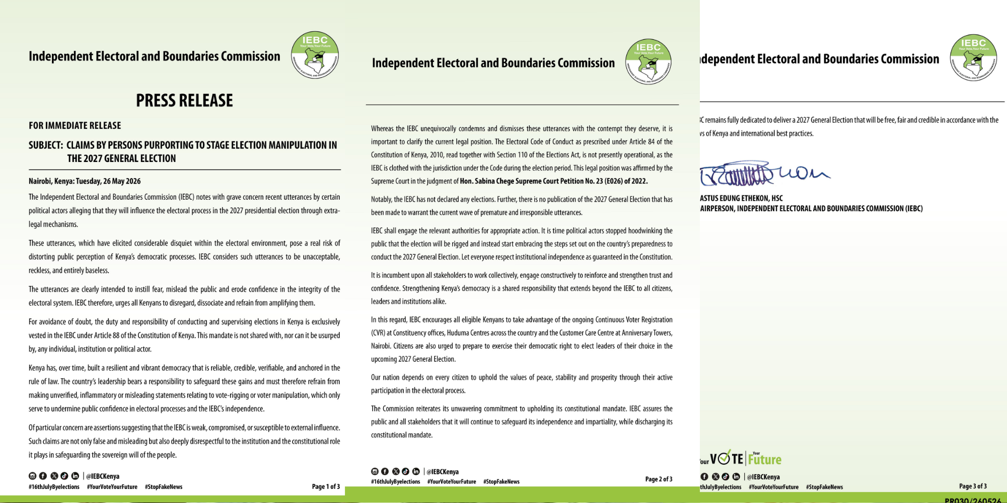 IEBC has dismissed claims of voter manipulation ahead of the 2027 General Election, reaffirming its constitutional mandate and urging the public to ignore misinformation targeting the electoral process in a Press Release dated May 26, 2026. PHOTO/ IEBC X