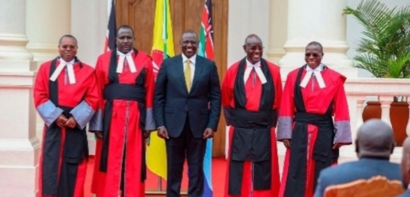 President William Ruto with the newly sworn-in Court of Appeal Judges from left Justices Joel Ngugi, Weldon Korir, Aggrey Muchelule and George Odunga at State House, Nairobi on September 14, 2022. PHOTO/ Dennis Onsongo| Nation Media Group