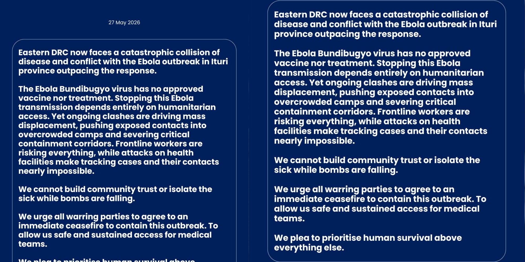 A statement released on May 27, 2026 by WHO warns that Ebola in eastern DRC spreads amid escalating conflict in Ituri Province and calls for an immediate ceasefire to allow safe humanitarian access and contain the outbreak. PHOTO/Dr. Tedros Adhanom Ghebreyesus