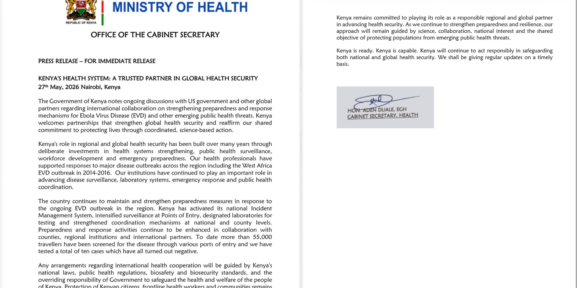 Press release from the Ministry of Health, dated 27 May 2026, addressing US plans for an Ebola facility in Kenya and national preparedness. PHOTO/ MoH 