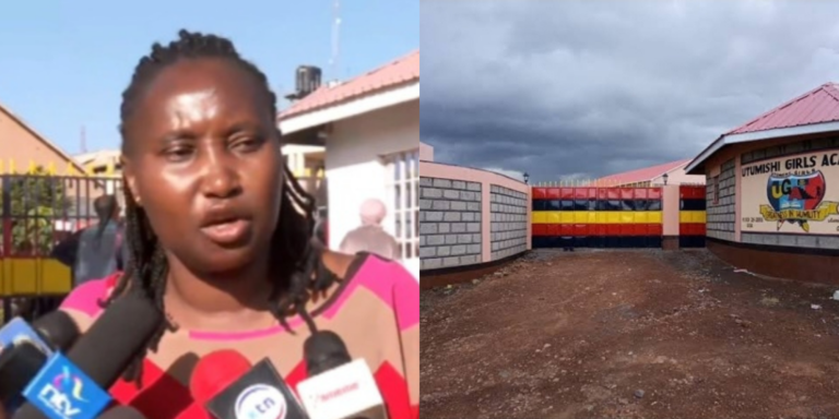 A collage photo of a parent of Utumishi Girls Academy and the Utumishi Girls entrance. PHOTO/ Screengrab/ Utumishi Girls Facebook