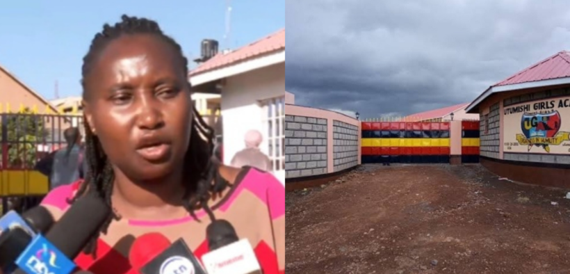 A collage photo of a parent of Utumishi Girls Academy and the Utumishi Girls entrance. PHOTO/ Screengrab/ Utumishi Girls Facebook