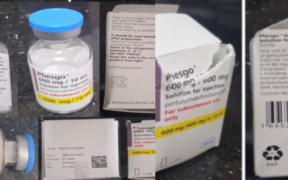 Pharmacy and Poisons Board has exposed a falsified batch of Phesgo (C5290S20) in Kenya. This visual evidence shows the counterfeit vials filled with white powder instead of the required liquid. PHOTO/ Poisons Board X