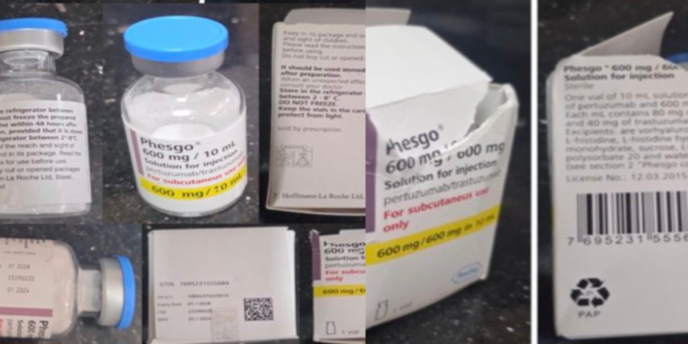 Pharmacy and Poisons Board has exposed a falsified batch of Phesgo (C5290S20) in Kenya. This visual evidence shows the counterfeit vials filled with white powder instead of the required liquid. PHOTO/ Poisons Board X
