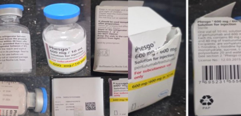 Pharmacy and Poisons Board has exposed a falsified batch of Phesgo (C5290S20) in Kenya. This visual evidence shows the counterfeit vials filled with white powder instead of the required liquid. PHOTO/ Poisons Board X