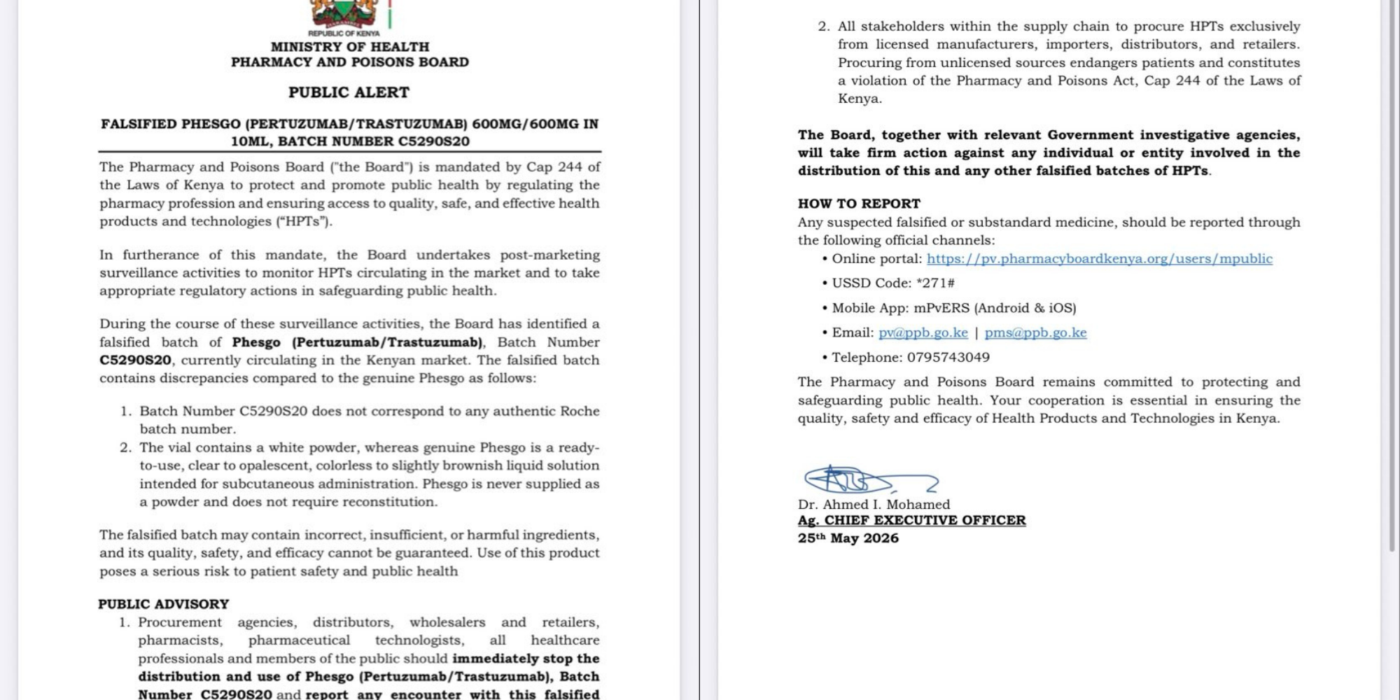 Pharmacy and Poisons Board has issued an alert on a falsified batch of Phesgo (Batch C5290S20) in Kenya. The fake contains white powder instead of liquid and poses serious risks. PHOTO/ Poisons Board X