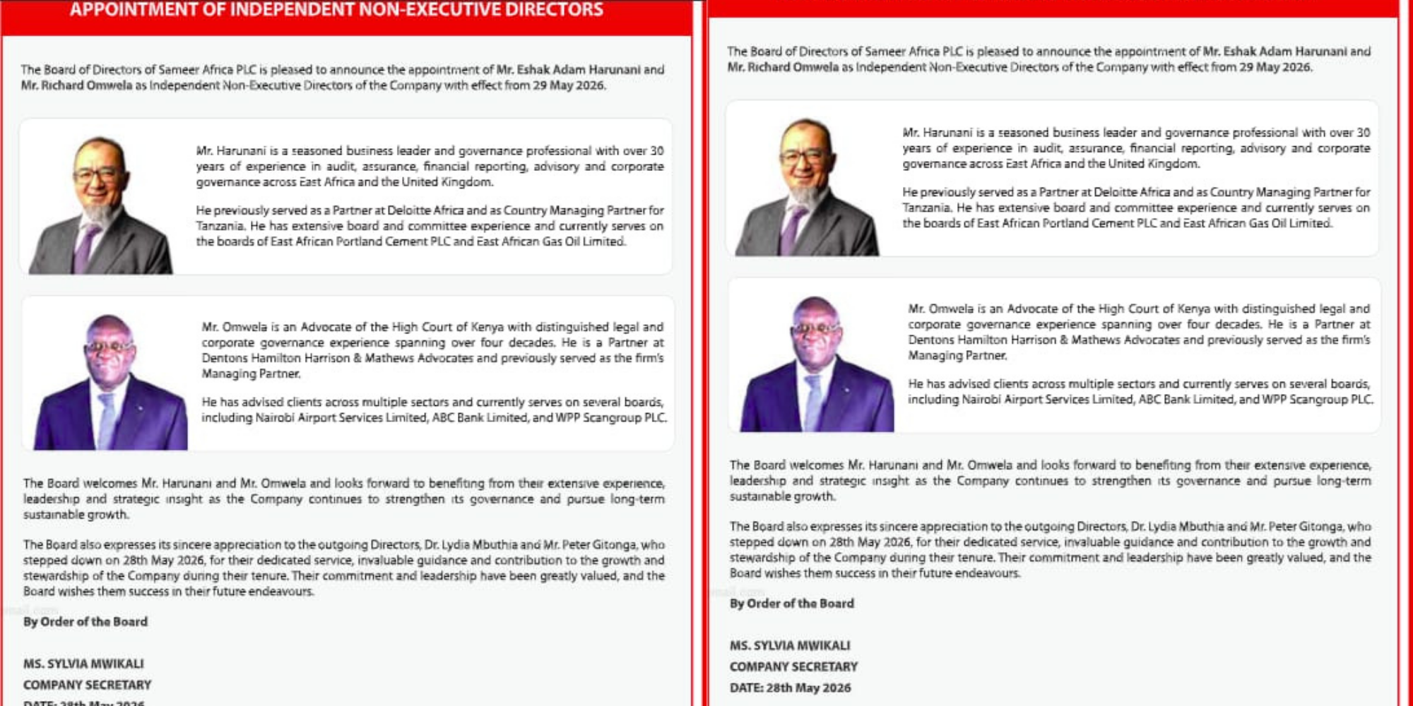 Sameer Africa has officially appointed Eshak Adam Harunani and Richard Omwela as Independent Non-Executive Directors, effective May 29, 2026, following the exit of Dr. Lydia Mbuthia and Peter Gitonga. PHOTO/ Sameer Africa