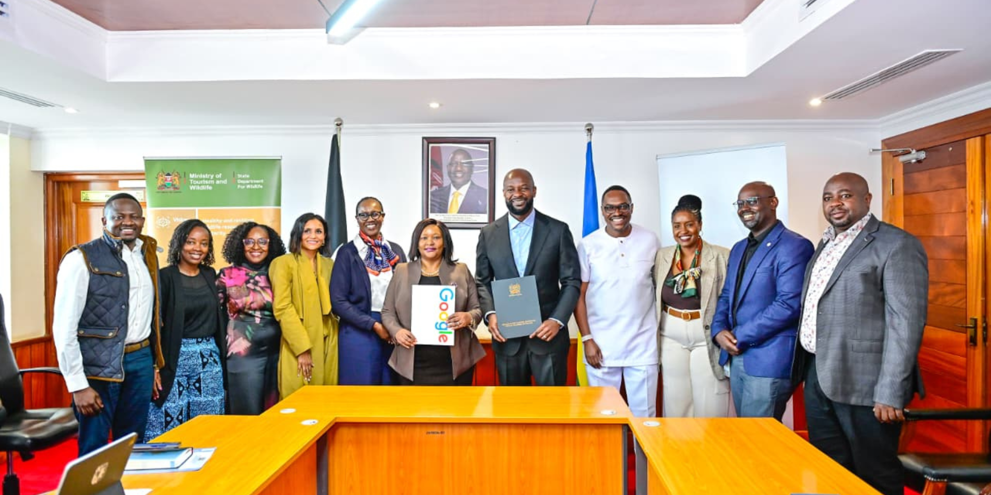 CS for Tourism and Wildlife Rebecca Miano and Google Sub-Saharan Africa MD Alex Okosi (Middle) join ministry officials and the Google Kenya team in Nairobi on May 29, 2026, to celebrate the launch of their strategic AI-driven tourism partnership. PHOTO/ FILE