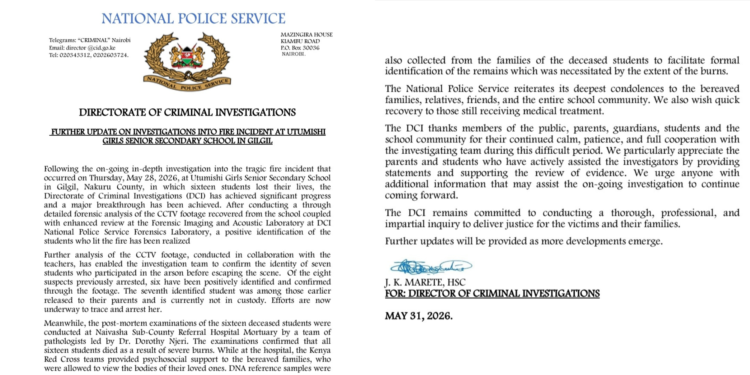 DCI Update on Utumishi Girls Fire Incident PHOTO/DCI