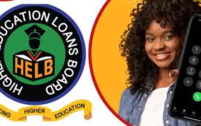 A photo collage of a HELB logo and a lady holding a phone with HELB USSD self-service on it. PHOTO/ File