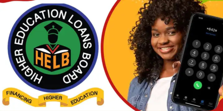A photo collage of a HELB logo and a lady holding a phone with HELB USSD self-service on it. PHOTO/ File