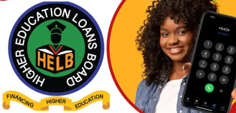 A photo collage of a HELB logo and a lady holding a phone with HELB USSD self-service on it. PHOTO/ File