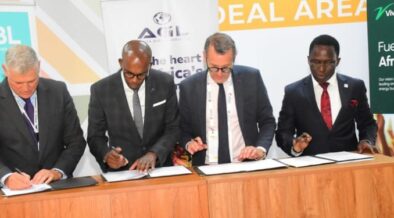 IBL Group CEO Arnaud Lagesse (left), Africa Global Logistics Managing Director Martin Mwangi, President of BCH Invest, Executive Director ESSEC Business School Benoit Chervalier, and Vivo Energy Kenya Managing Director Peter Murungi signing an MoU to advance Executive training in conjunction with ESSEC Business School. The MoU will facilitate the training of a cohort of international Masters-level students at the French Business School Africa campus in Rabat (Morocco).