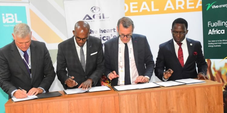 IBL Group CEO Arnaud Lagesse (left), Africa Global Logistics Managing Director Martin Mwangi, President of BCH Invest, Executive Director ESSEC Business School Benoit Chervalier, and Vivo Energy Kenya Managing Director Peter Murungi signing an MoU to advance Executive training in conjunction with ESSEC Business School. The MoU will facilitate the training of a cohort of international Masters-level students at the French Business School Africa campus in Rabat (Morocco).