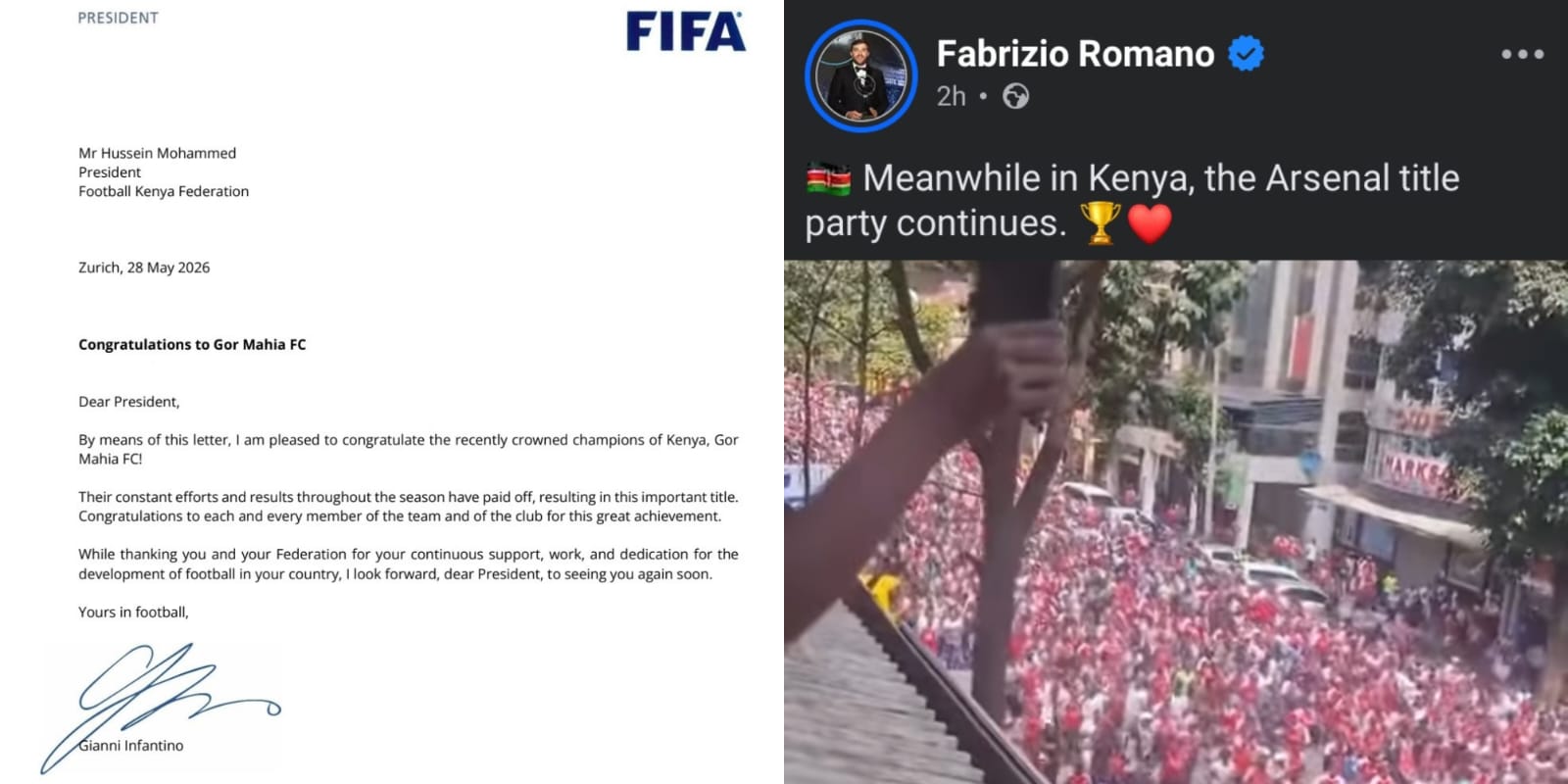 A photo collage of a letter from FIFA President Gianni Infantino and Fabrizio Romano's Facebook post. PHOTO/Hussein Mohamed X/Fabrizio Romano
