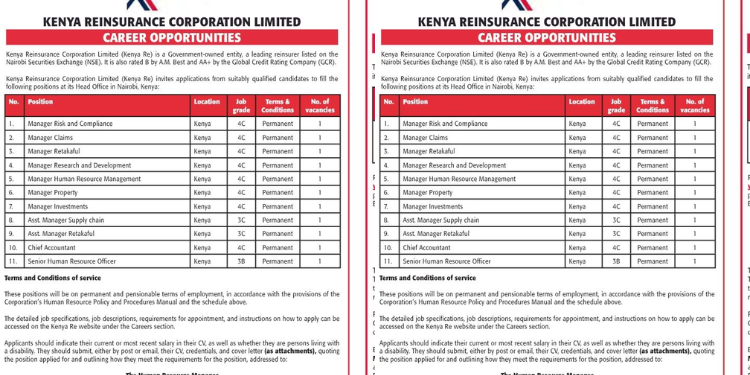Kenya Reinsurance Corporation has advertised 11 permanent jobs at Nairobi Headquarters. PHOTO/MyGov.