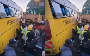 Collage of St Teresa school bus and train after crashing on Friday Morning. Photo/ Ni Jeymo/ FB