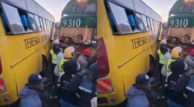 Collage of St Teresa school bus and train after crashing on Friday Morning. Photo/ Ni Jeymo/ FB