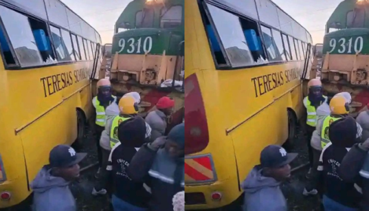 Collage of St Teresa school bus and train after crashing on Friday Morning. Photo/ Ni Jeymo/ FB
