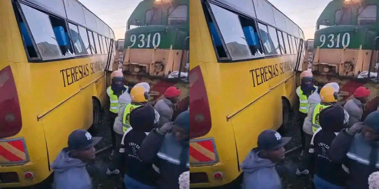 Collage of St Teresa school bus and train after crashing on Friday Morning. Photo/ Ni Jeymo/ FB