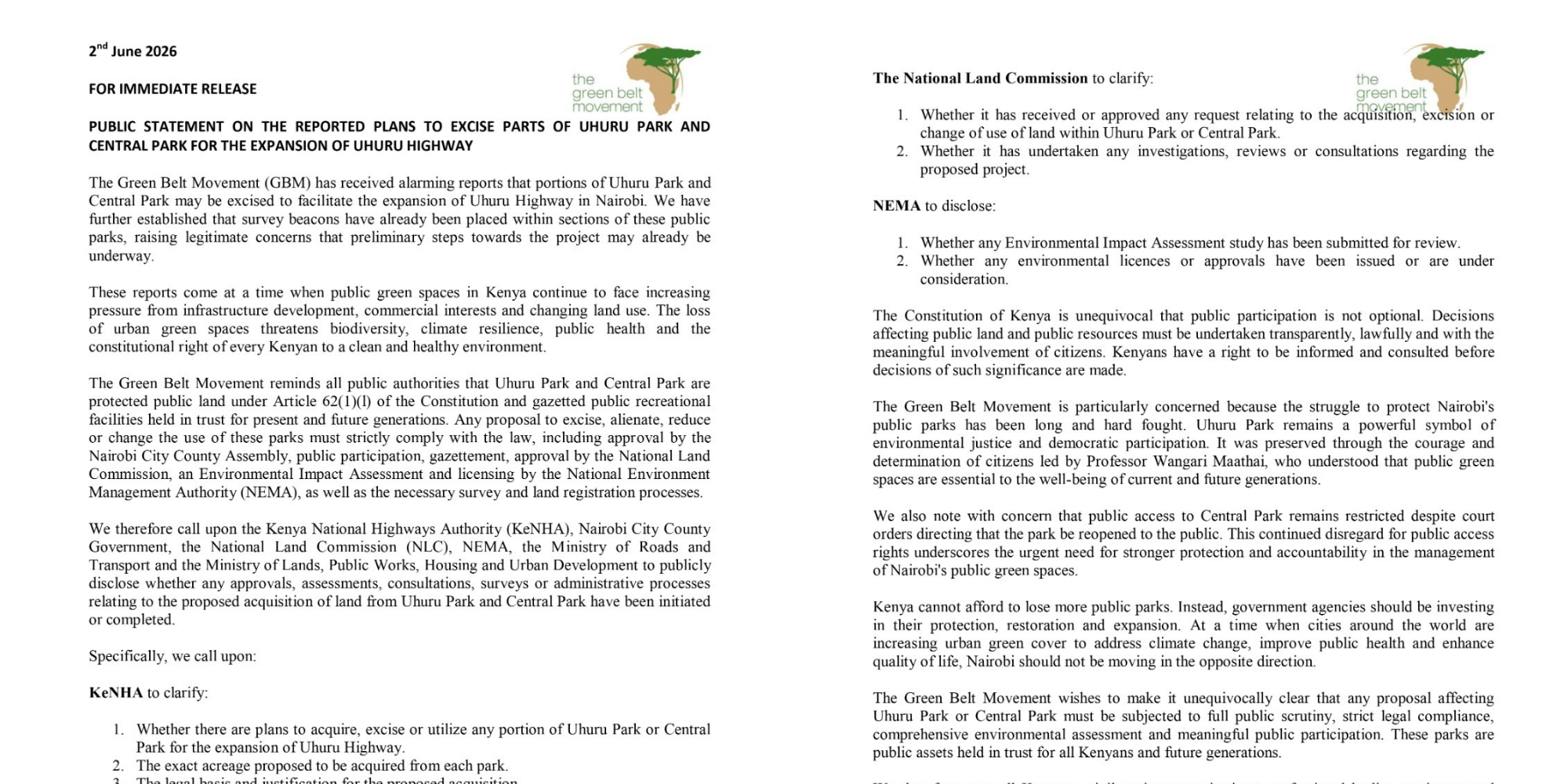 A press statement issued by Greenbelt Movement on the planned acquisition of part of Uhuru Park for road expansion. PHOTO/ File