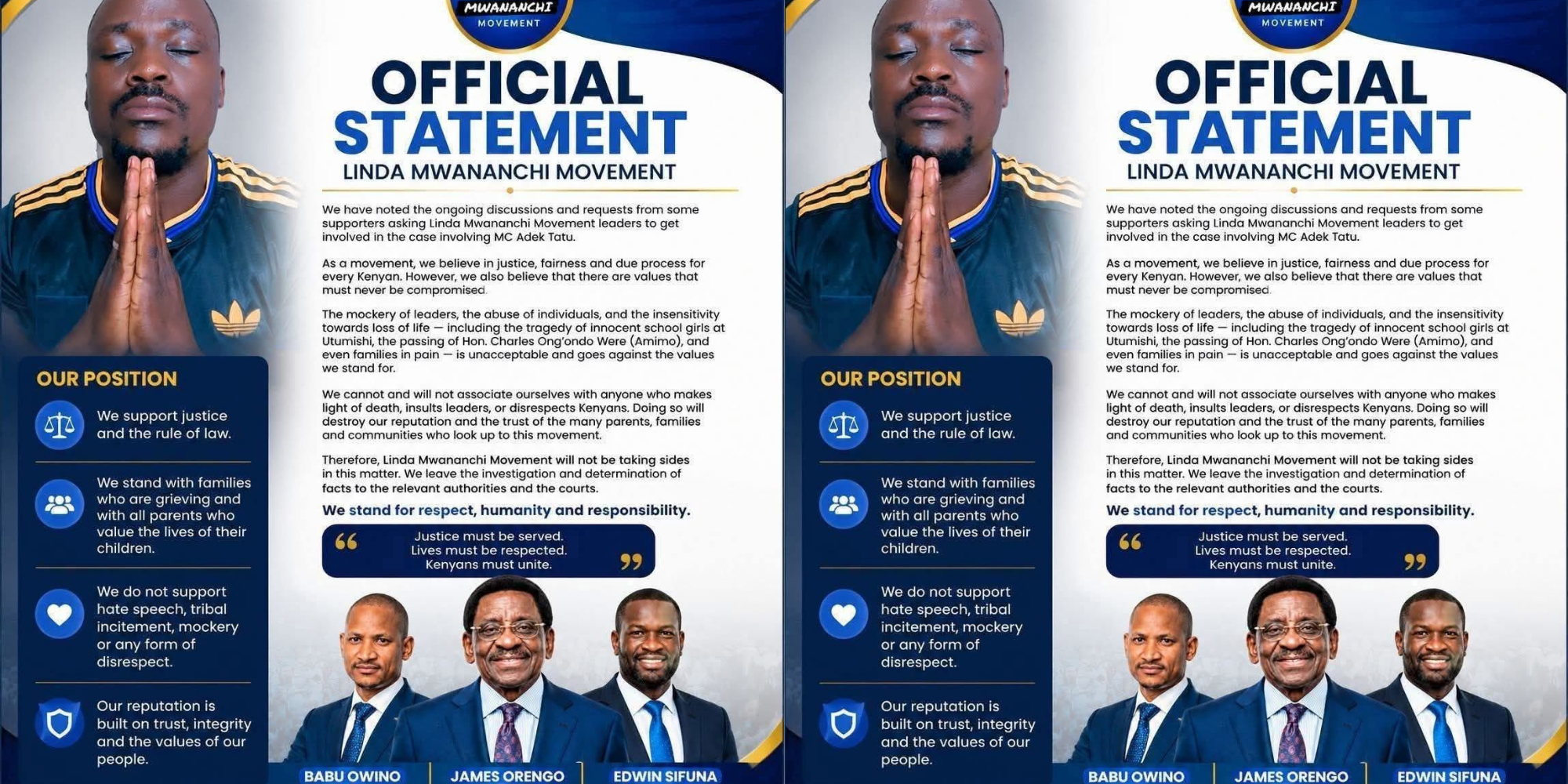 A press release by Linda Mwananchi Movement concerning the case of popular MC Adek Tatu. PHOTO/ File