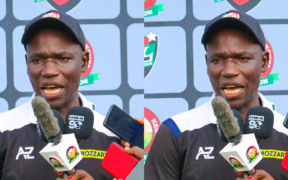 Migori Youth FC head coach Sammy Otulo speaking to the press after a past game in Migori. PHOTO/ Otulo