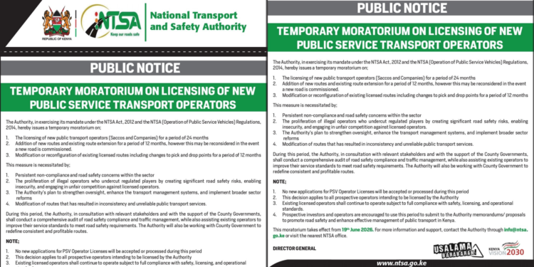 NTSA Bans Licensing of New PSV Operators in Kenya for 24 Months, Suspends Route Changes
