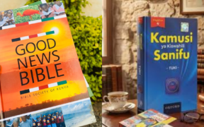 A photo collage of Good New Bible and Kamusi ya Kiswahili Sanifu