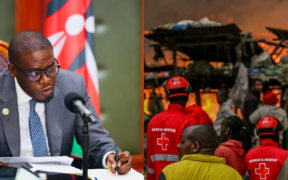 A photo collage of Nairobi Governor Johnson Sakaja and fire outbreak has been reported at Gikomba Market, affecting several businesses.
