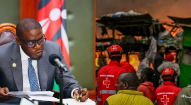 A photo collage of Nairobi Governor Johnson Sakaja and fire outbreak has been reported at Gikomba Market, affecting several businesses.