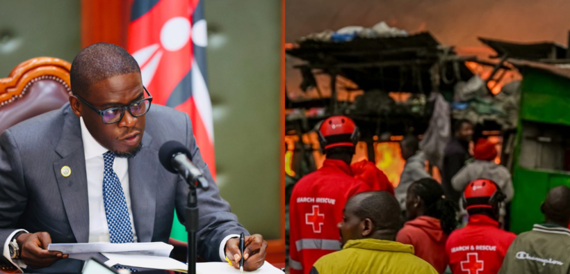A photo collage of Nairobi Governor Johnson Sakaja and fire outbreak has been reported at Gikomba Market, affecting several businesses.