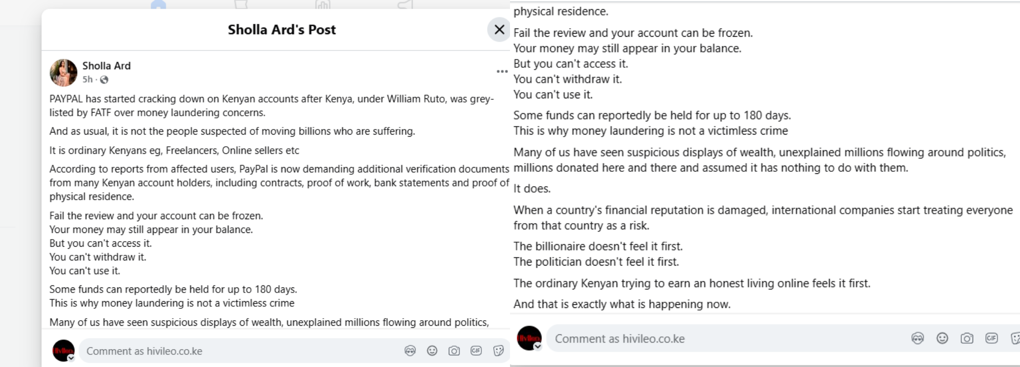 A photo collage of a post by Economic activist Sholla Ard on Facebook.