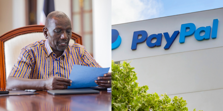 A photo collage of President William Ruto and PayPal logo