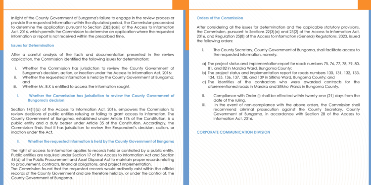 A photo showing orders to bungoma county. Photo/ Ombudsman