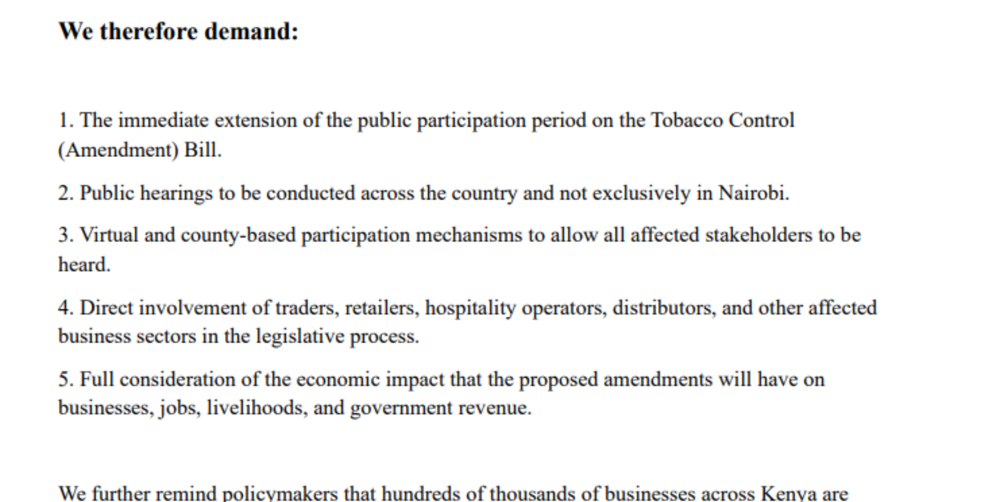 Demands on the Tobacco Control Amendment Bill .Photo/ file