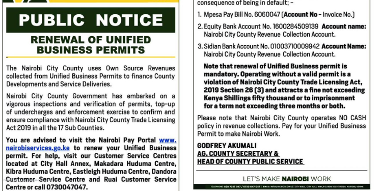 Nairobi County Orders Mandatory Renewal of Unified Business Permit by 2026 Deadline.