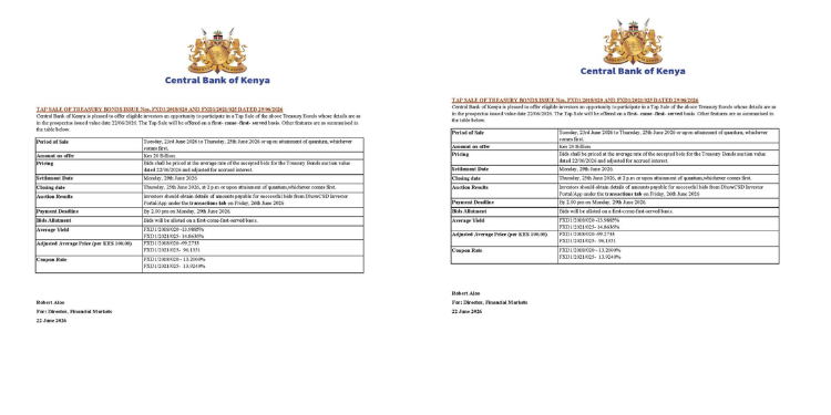 CBK Opens Treasury Bonds Tap Sale at Up to 14.86 Percent Yield