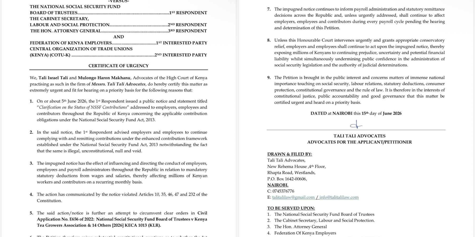 COFEK Seeks Urgent Court Orders Against NSSF Contribution Directive. PHOTO/ FILE
