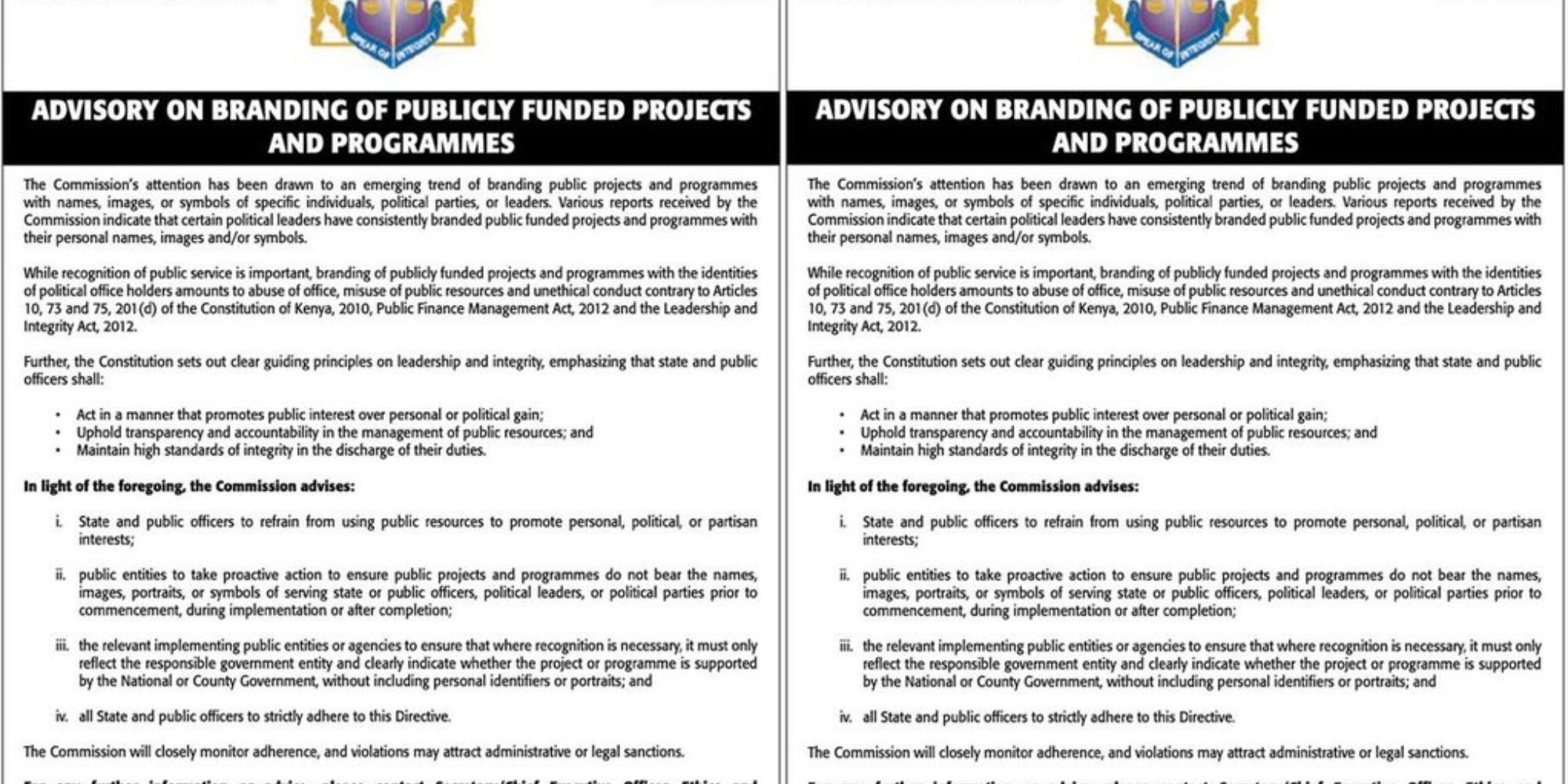 EACC Bans Political Branding on Public Projects. Photo/ EACC