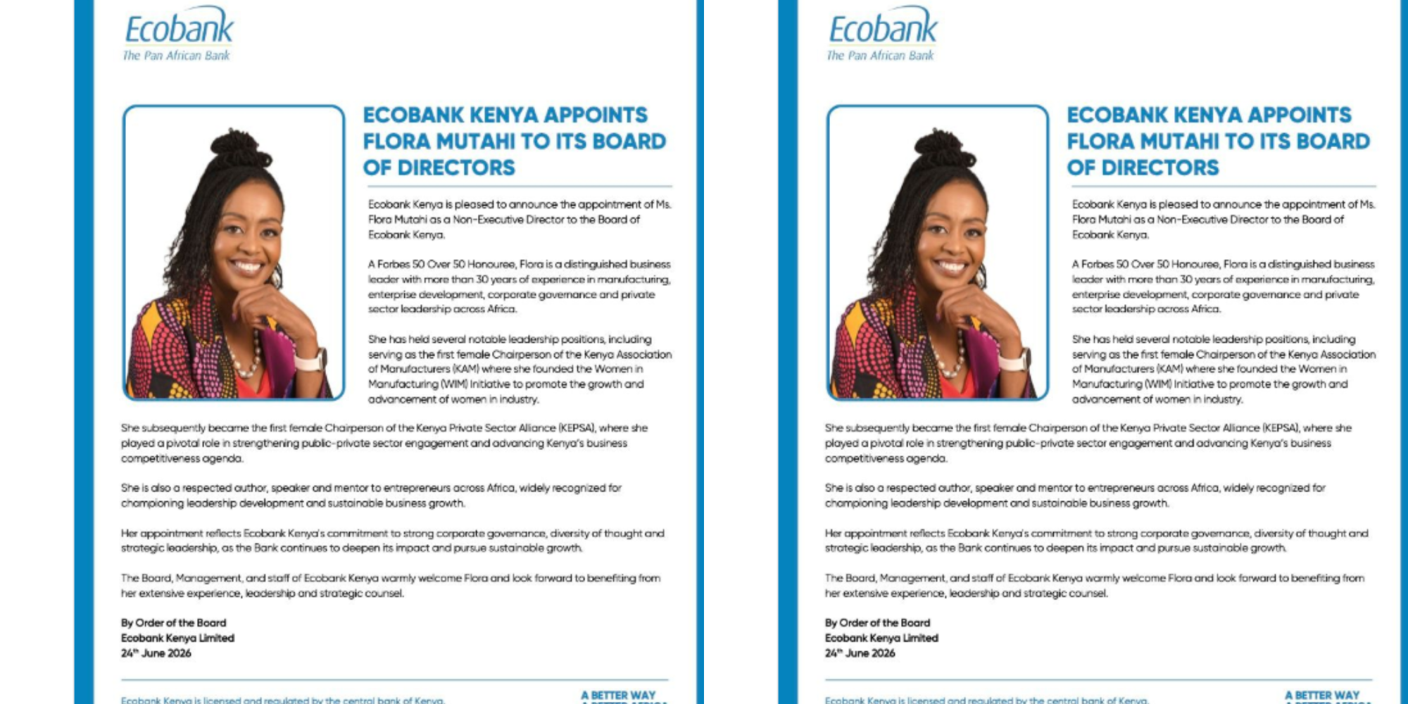 Ecobank Kenya Appoints Flora Mutahi to Board of Directors. Photo/ Ecobank