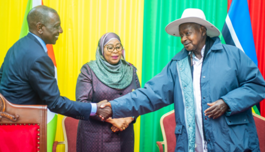 From left: Kenyan President William Ruto, Tanzania President Samia Suluhu and Uganda President Yoweri Museveni