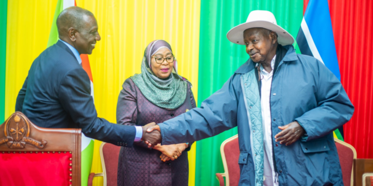 From left: Kenyan President William Ruto, Tanzania President Samia Suluhu and Uganda President Yoweri Museveni