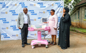 From left: Safaricom Foundation Chairman Joseph Ogutu, Pumwani Maternity Hospital CEO Christine Kiteshuo and Nairobi County Chief Officer for Medical Services Maryam Dahir inspect equipment donated to the hospital to support maternal and newborn healthcare services.