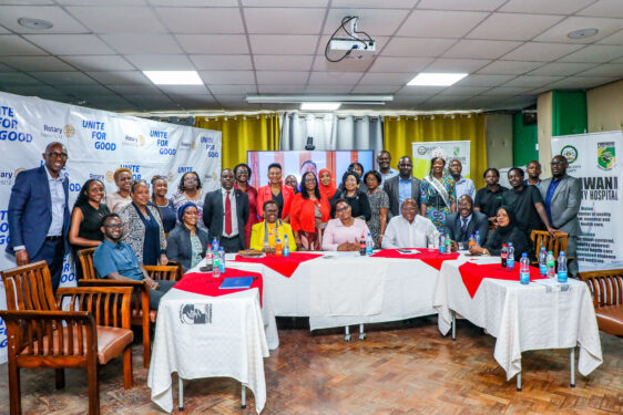 Representatives from M-Pesa Foundation, Nairobi City County Government, Rotary District 9212 and Pumwani Maternity Hospital pose for a group photo after the handover of equipment to the hospital’s newborn unit.