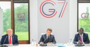 From left: US President Donald Trump, France President Emmanuel Macron and Kenyan President William Ruto during the G7 Summit in France. PHOTO/ PCS.