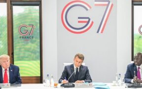 From left: US President Donald Trump, France President Emmanuel Macron and Kenyan President William Ruto during the G7 Summit in France. PHOTO/ PCS.